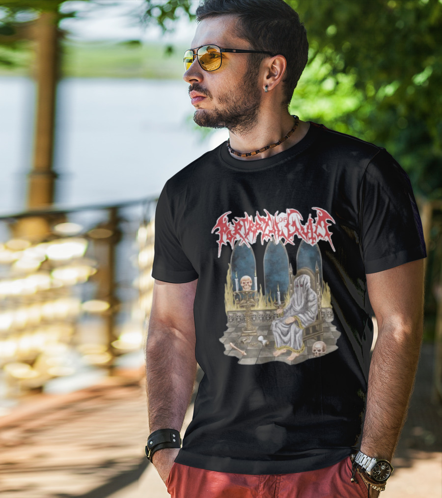 Portrayal Of Guilt Eyedust Cloaked Figure With Skull Throne And Candles T-Shirt