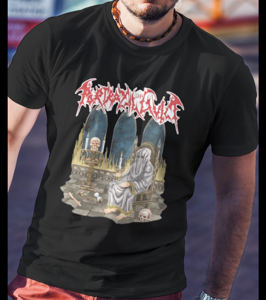 Portrayal Of Guilt Eyedust Cloaked Figure With Skull Throne And Candles T-Shirt