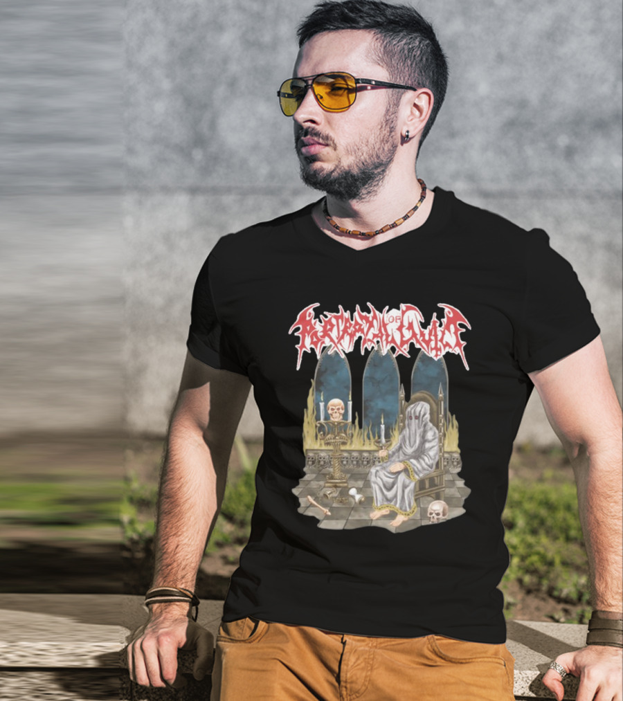 Portrayal Of Guilt Eyedust Cloaked Figure With Skull Throne And Candles T-Shirt