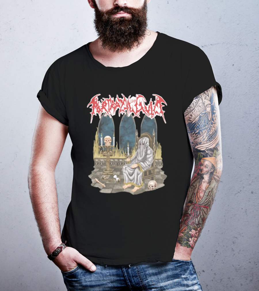 Portrayal Of Guilt Eyedust Cloaked Figure With Skull Throne And Candles T-Shirt