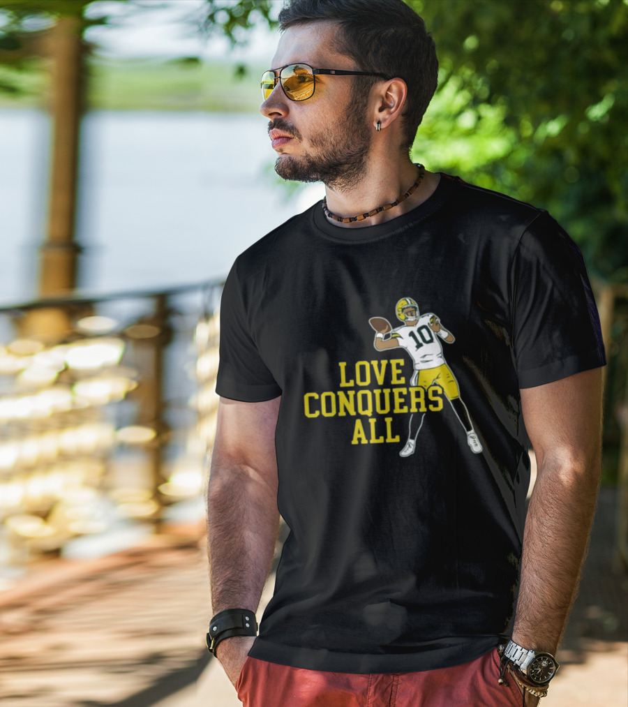 Love Conquers All Green And Yellow Number 10 Football Player T-Shirt
