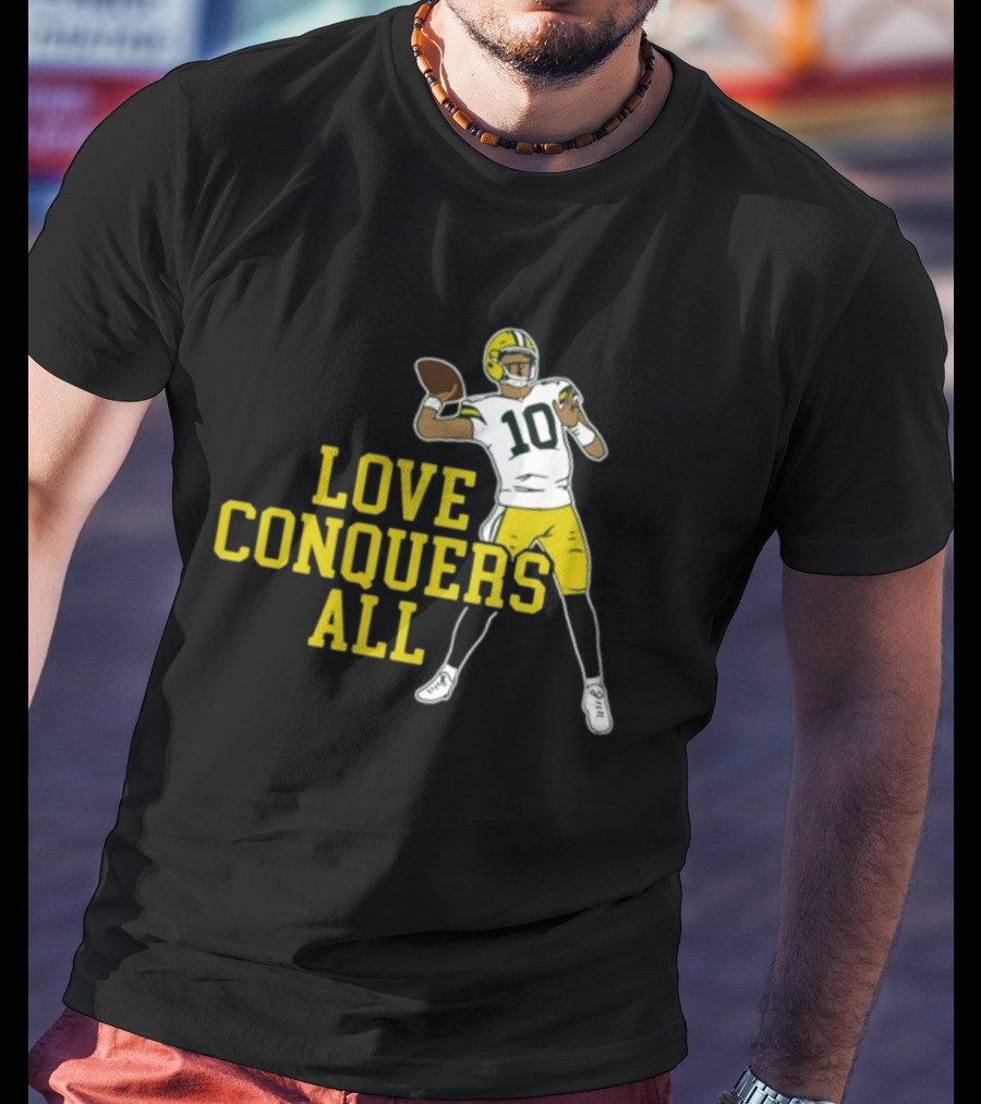 Love Conquers All Green And Yellow Number 10 Football Player T-Shirt
