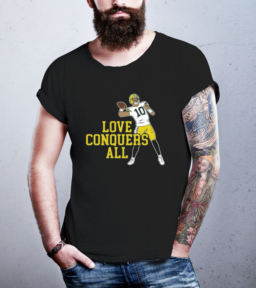 Love Conquers All Green And Yellow Number 10 Football Player T-Shirt