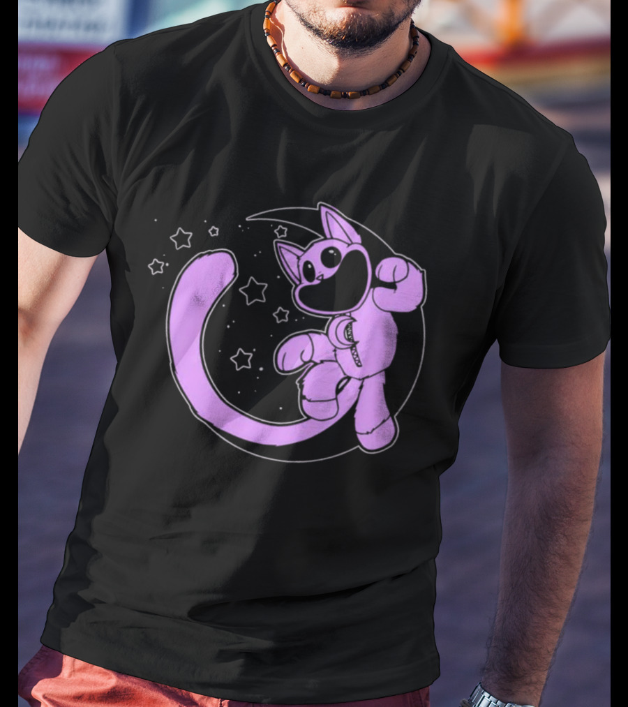 Purple Cartoon Cat With Stars And Moon T-Shirt