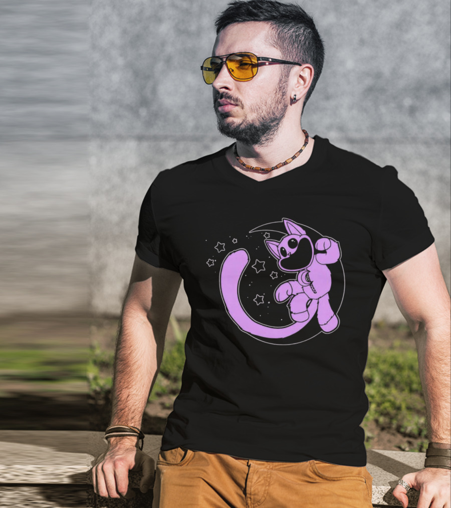 Purple Cartoon Cat With Stars And Moon T-Shirt