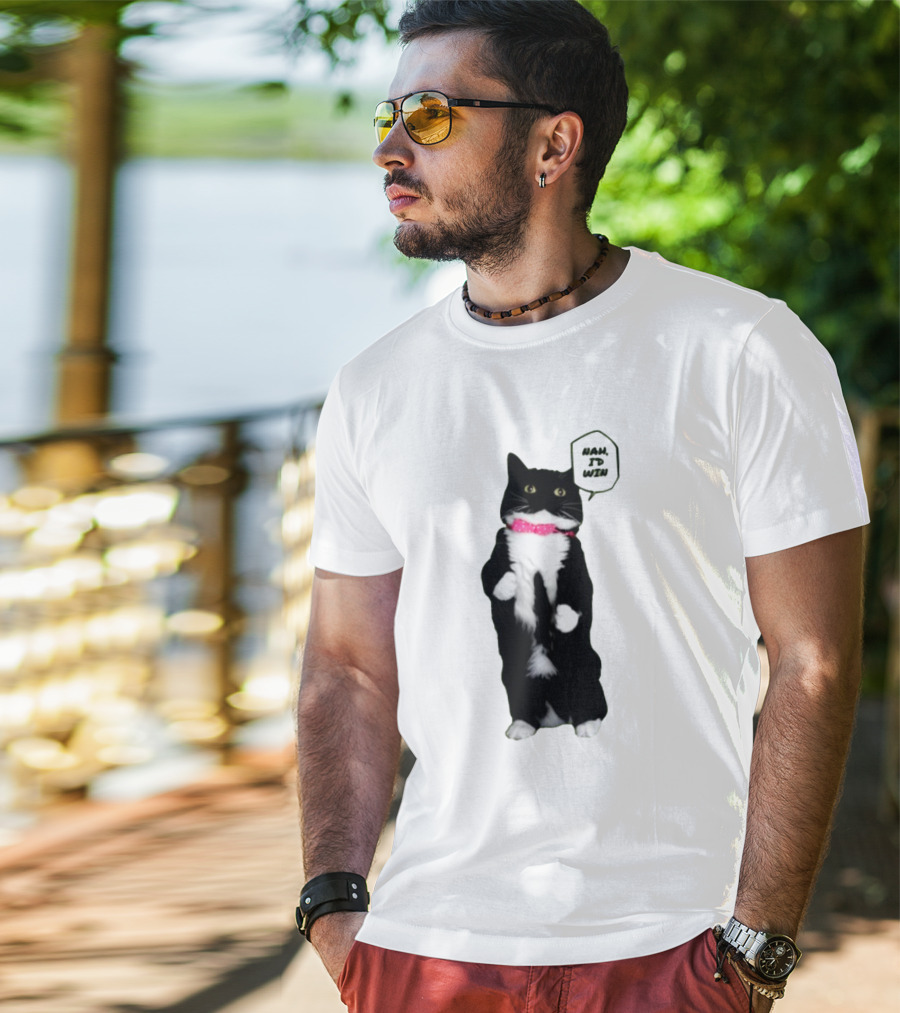 Nah I'd Win Cat Pink Collar Black And White Feline T-Shirt