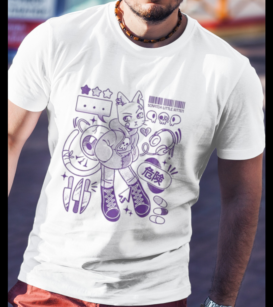 Theyetee Scratch Little Kitten Danger Barcode Skull Stars T-Shirt