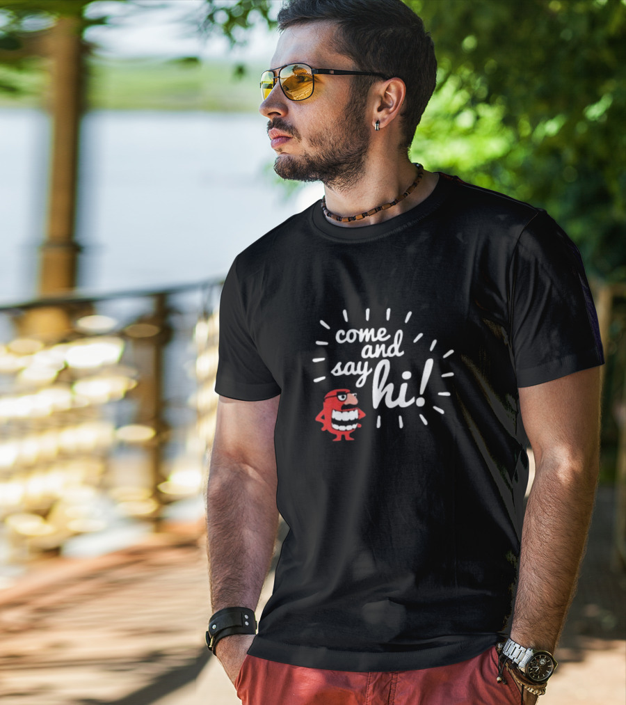 Ministryoftesting Come And Say Hi Red Cartoon Character T-Shirt