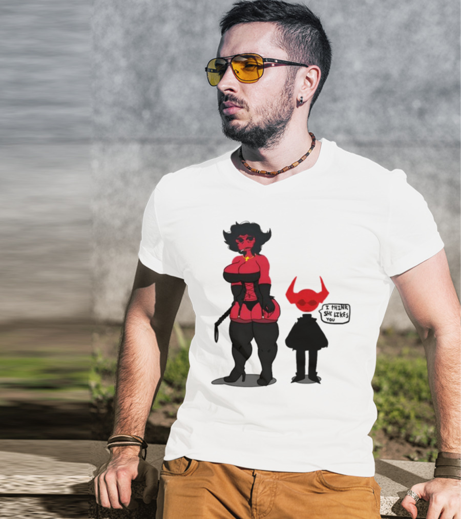 Thewboy Red Character With Devil Horns I Think She Likes You T-Shirt
