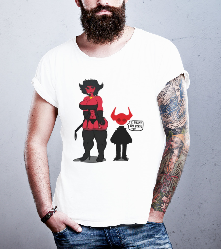 Thewboy Red Character With Devil Horns I Think She Likes You T-Shirt