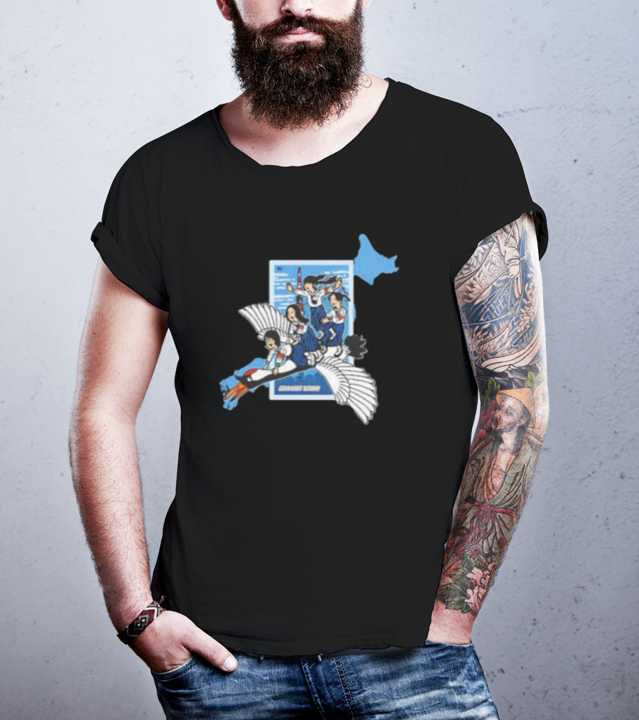 Atarashii Gakko Navy Crane Girls Riding White Bird Japan Map T-Shirt