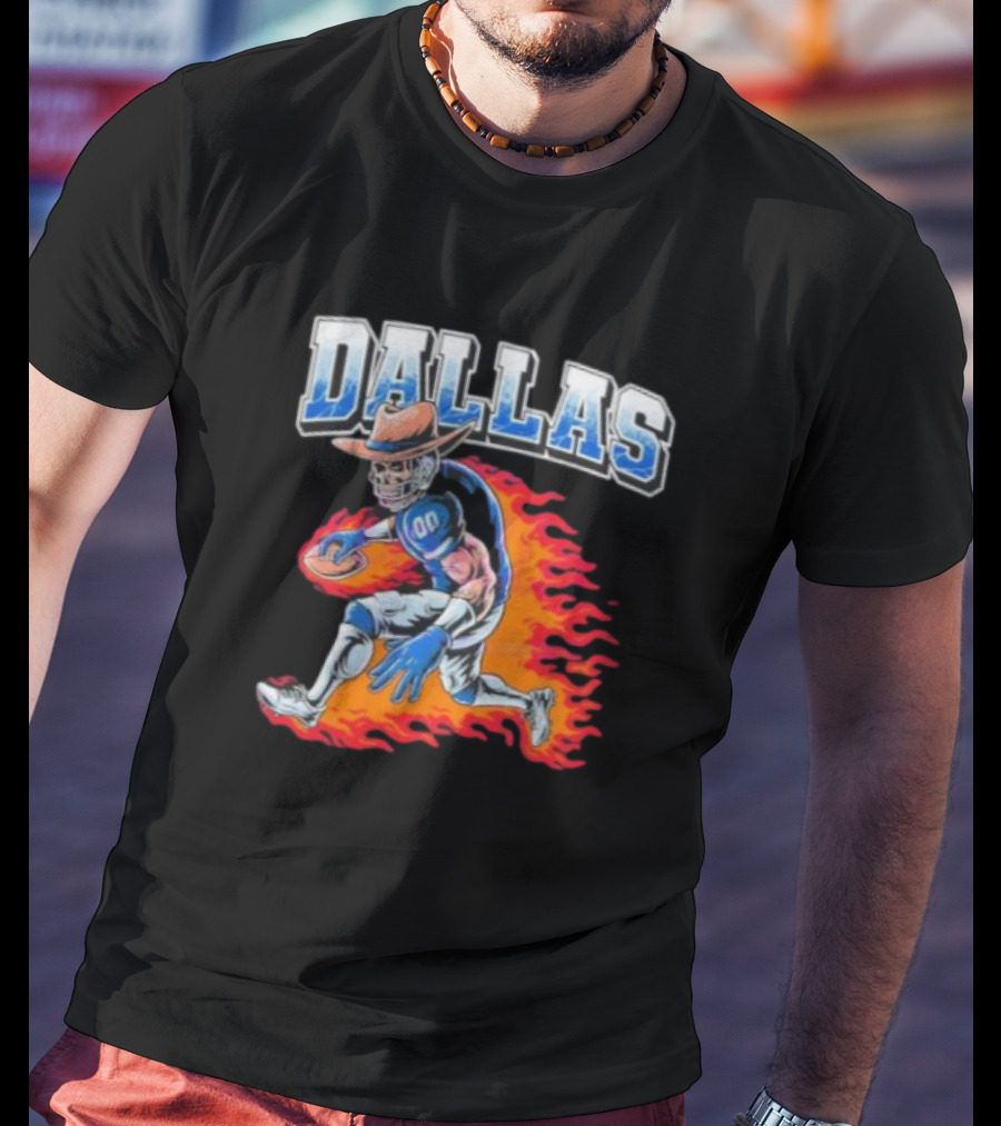 Dallas Cowboy Football Skeleton Player In Flames T-Shirt