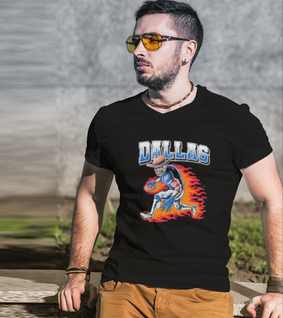 Dallas Cowboy Football Skeleton Player In Flames T-Shirt