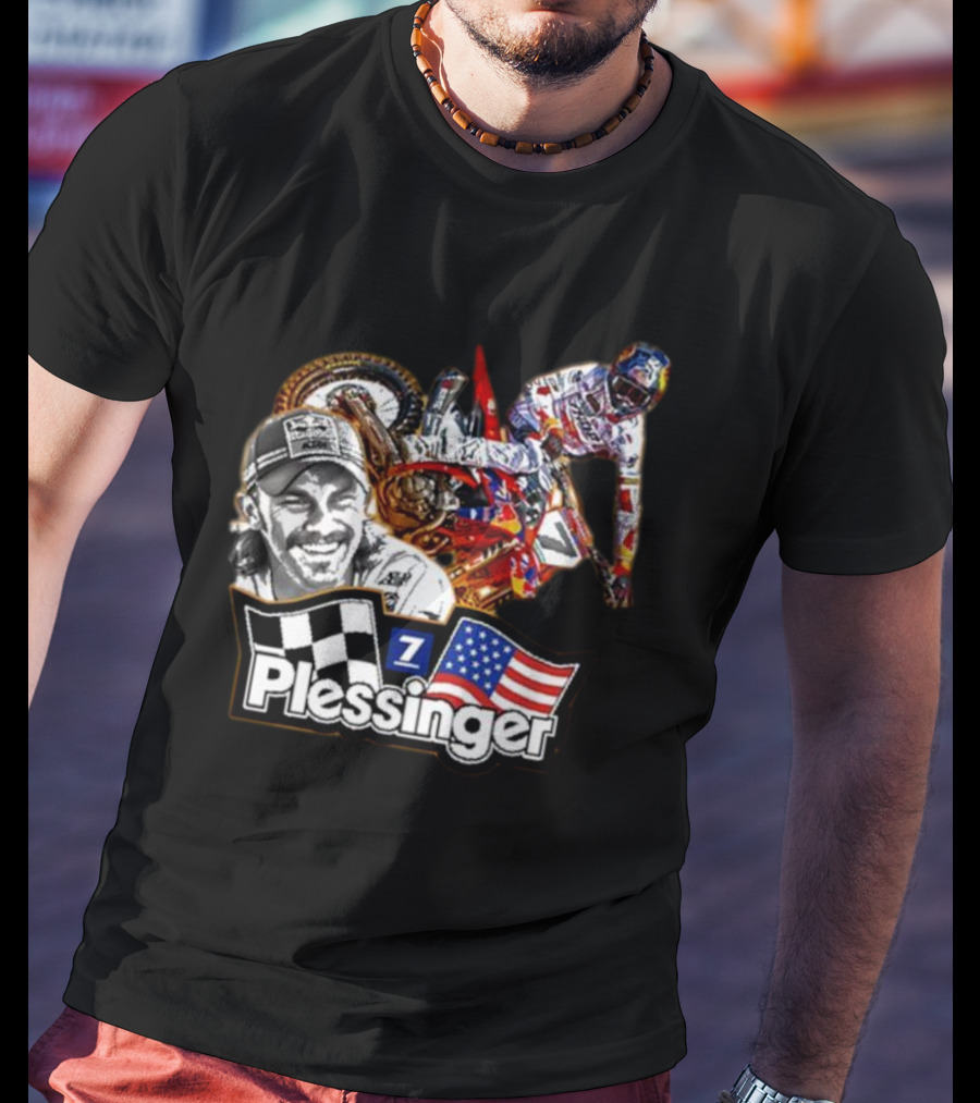 Plessinger American Motocross Racer With Flags And Checkered T-Shirt
