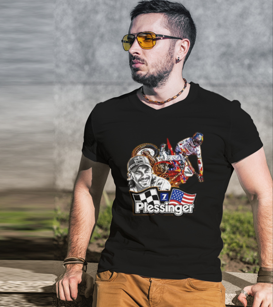 Plessinger American Motocross Racer With Flags And Checkered T-Shirt