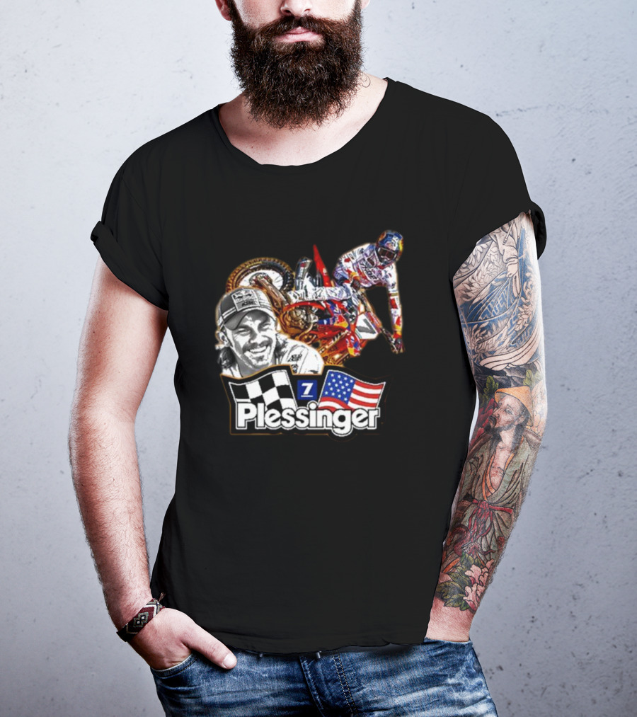 Plessinger American Motocross Racer With Flags And Checkered T-Shirt