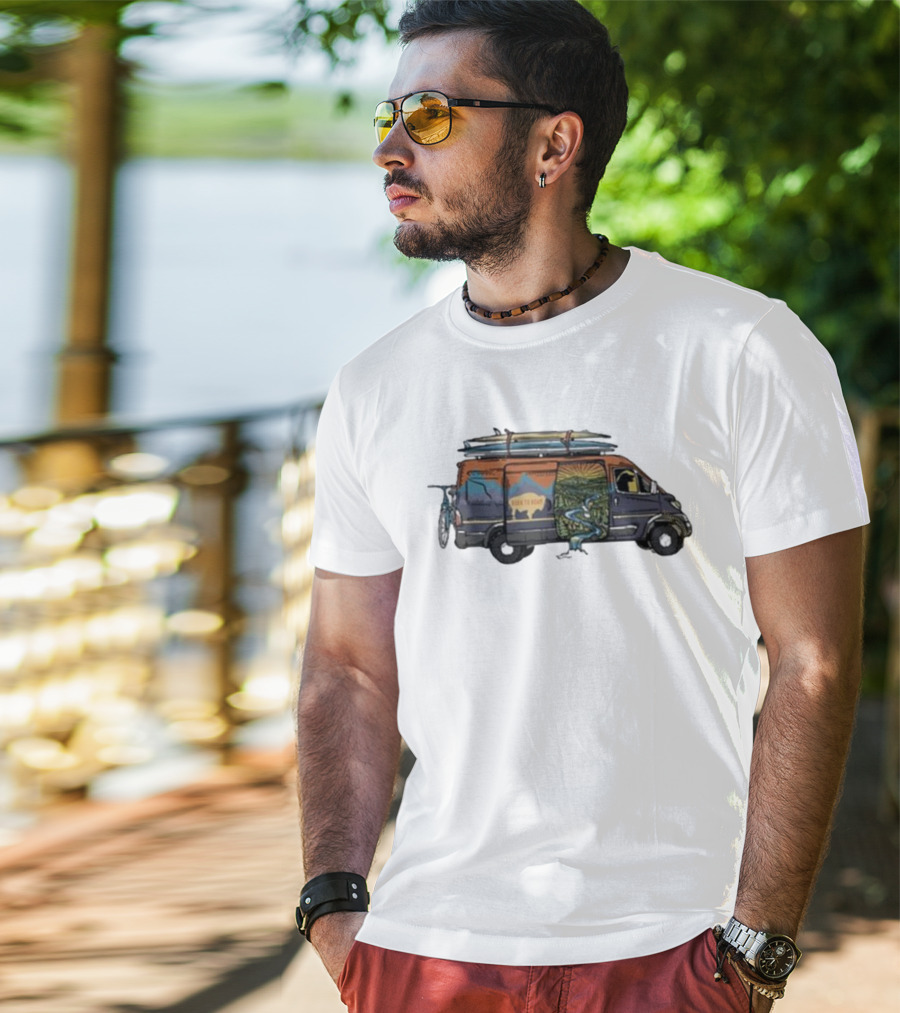 Born To Roam Adventure Camper With Surfboards And Bicycles T-Shirt