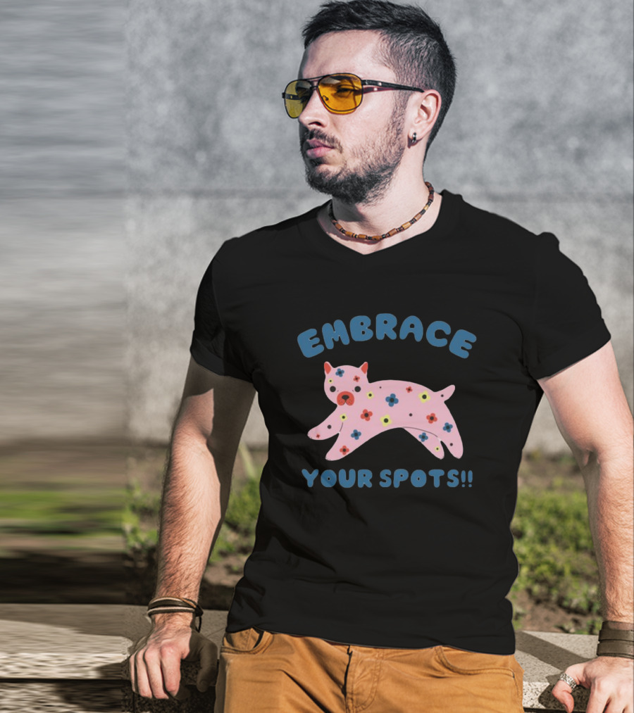 Tenderghost Embrace Your Spots Cat Colorful Flowers T-Shirt