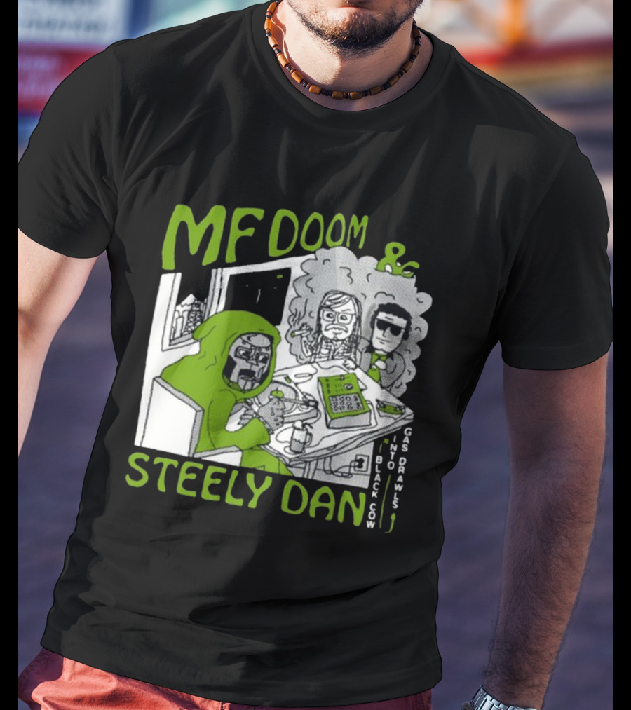 MF Doom And Steely Dan Black Cow Into Gas Drawls Comic Style Scene T-Shirt