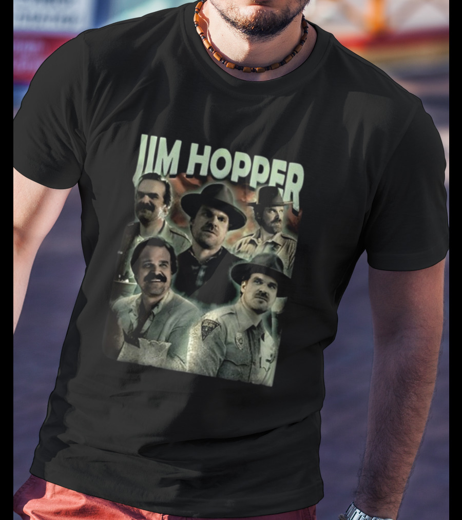 Jim Hopper Vintage Frtingglitter Nostalgic Character Montage T-Shirt