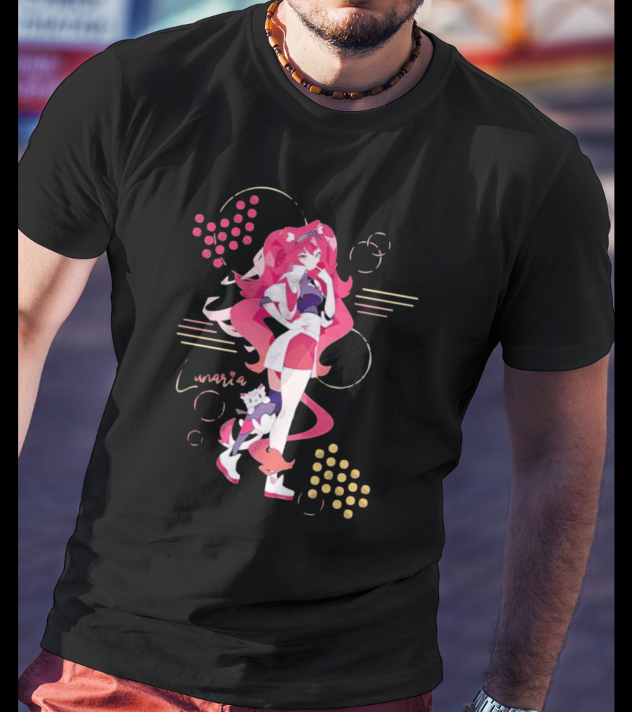 Lunaria Streetwear Pink Hair Girl With Cat And Circles T-Shirt