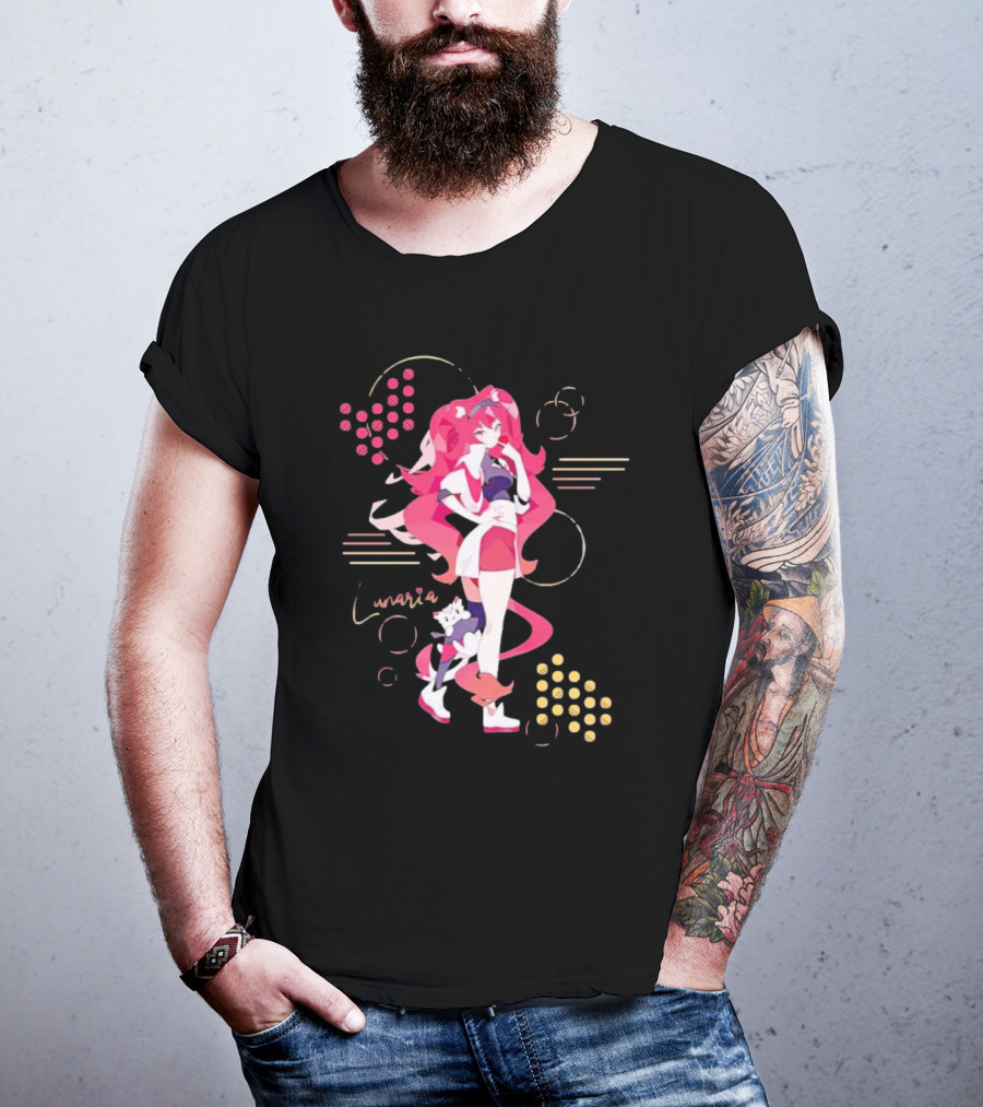 Lunaria Streetwear Pink Hair Girl With Cat And Circles T-Shirt