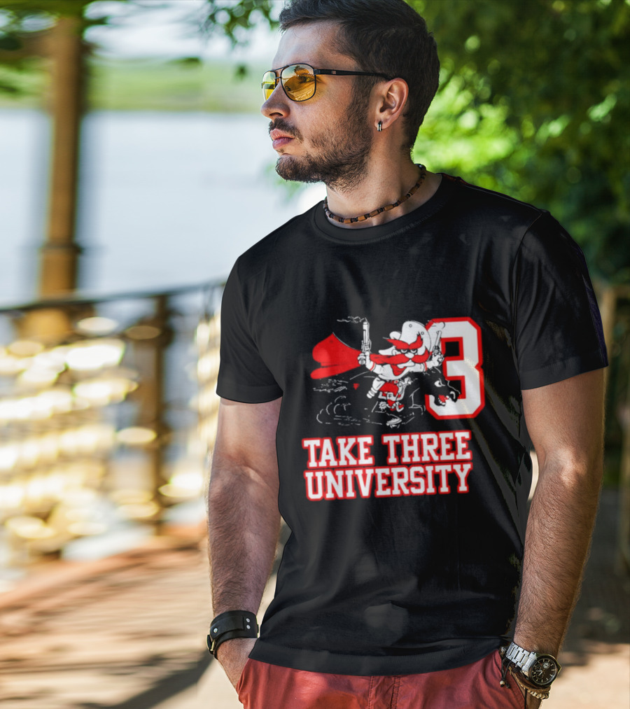 Take Three University Cowboy Mascot With Dual Pistols Number 3 T-Shirt
