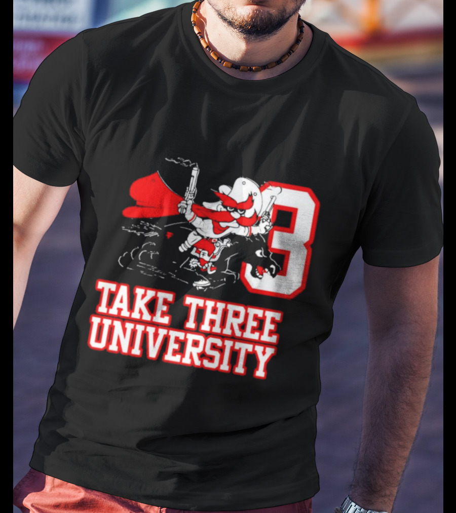 Take Three University Cowboy Mascot With Dual Pistols Number 3 T-Shirt