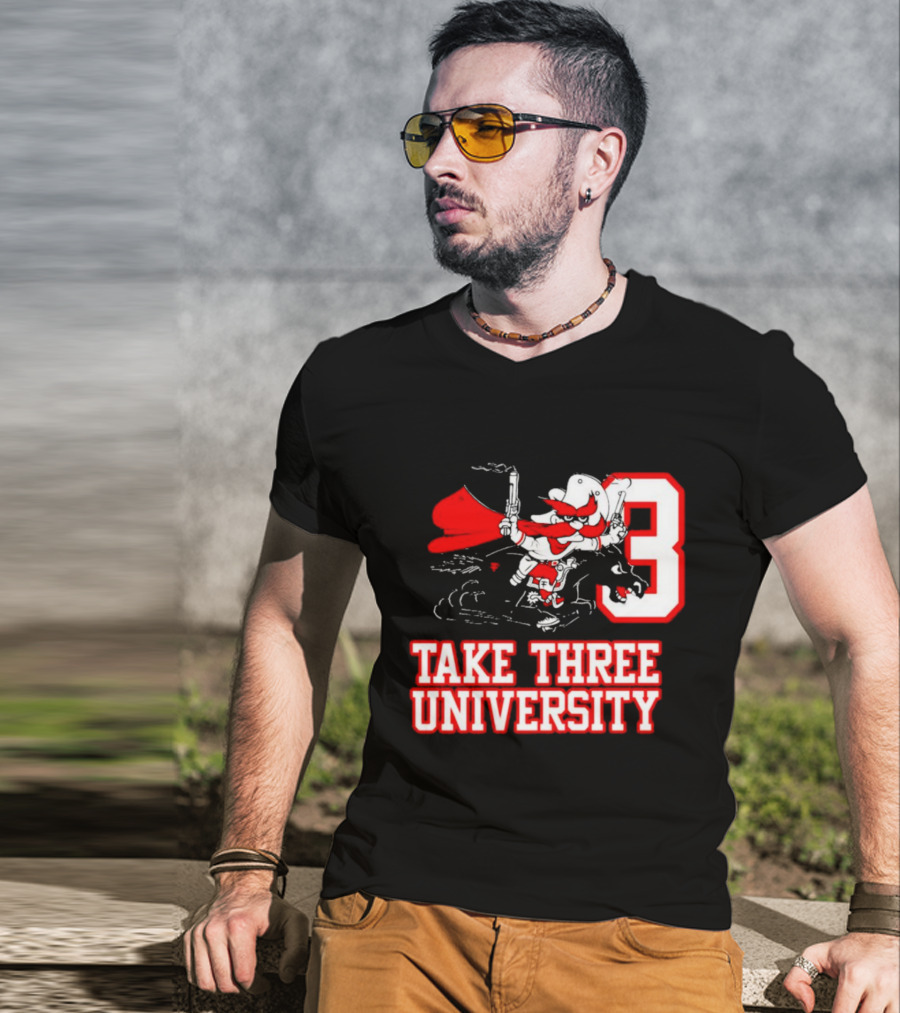 Take Three University Cowboy Mascot With Dual Pistols Number 3 T-Shirt