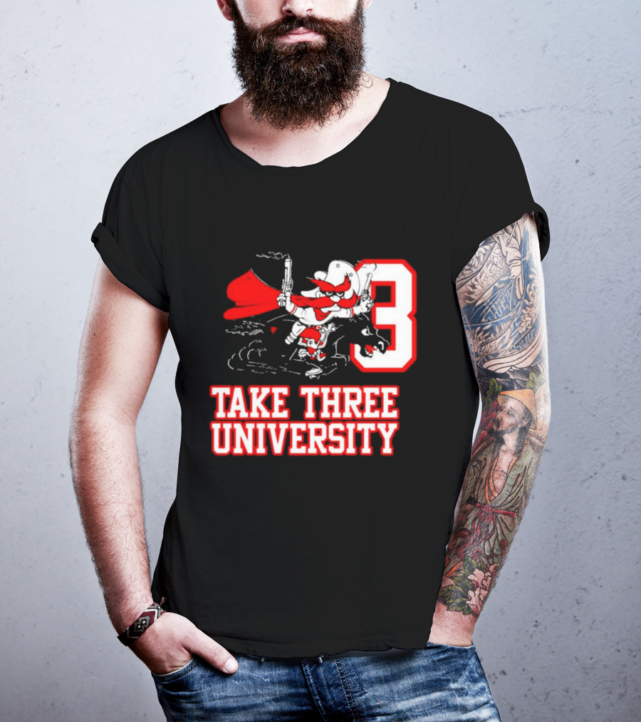 Take Three University Cowboy Mascot With Dual Pistols Number 3 T-Shirt