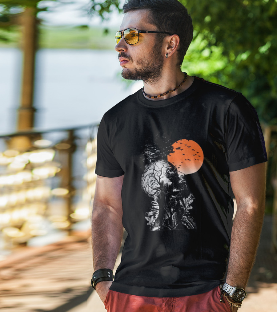 Hangover Alan Human Anatomy Tree Brain Pattern Orange Moon Dark Khaki T-Shirt