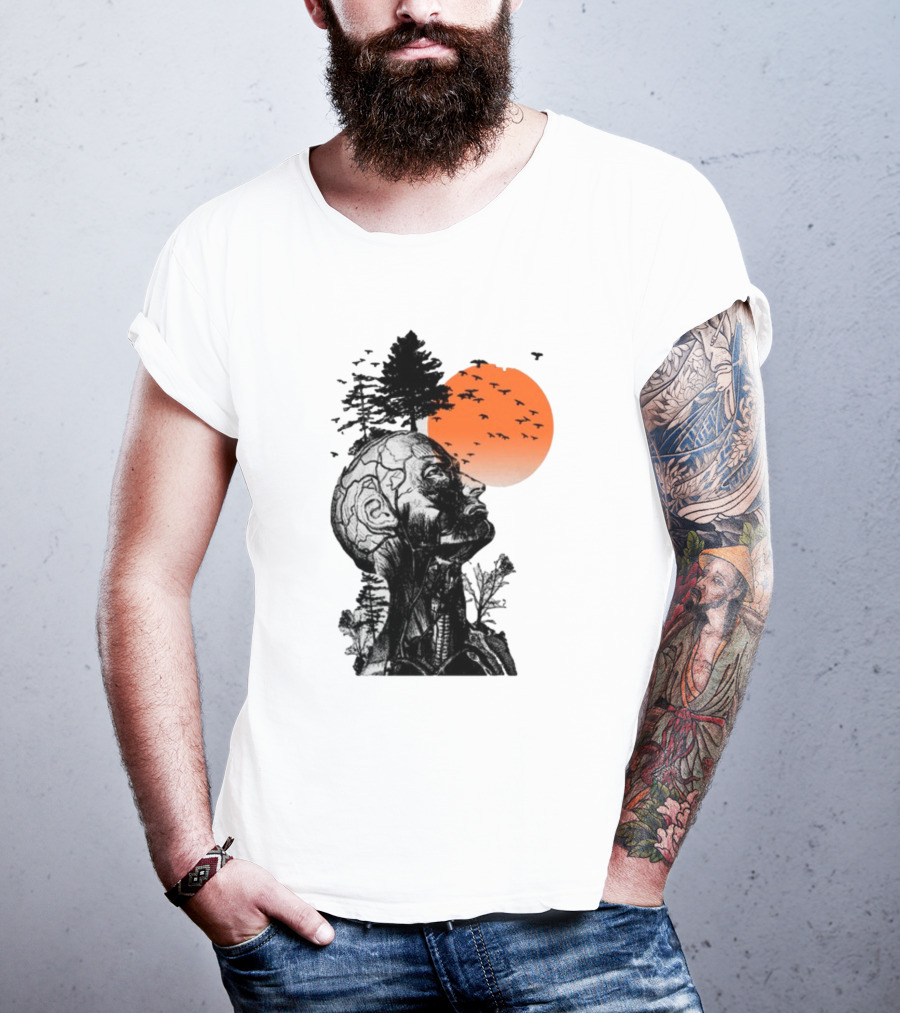Jason Kelce Hangover Brain Anatomy With Sunset And Flying Birds T-Shirt