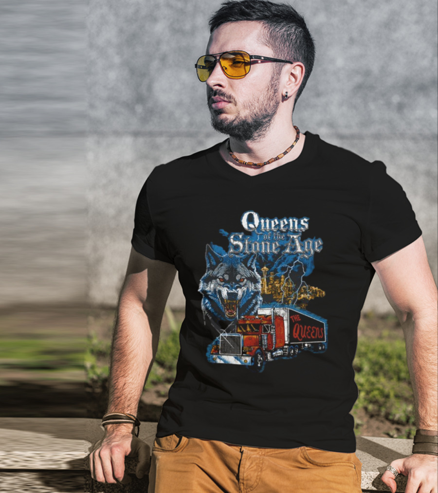 Queens Of The Stone Age Wolf Lightning Truck Seattle Skyline-The Queens T-Shirt