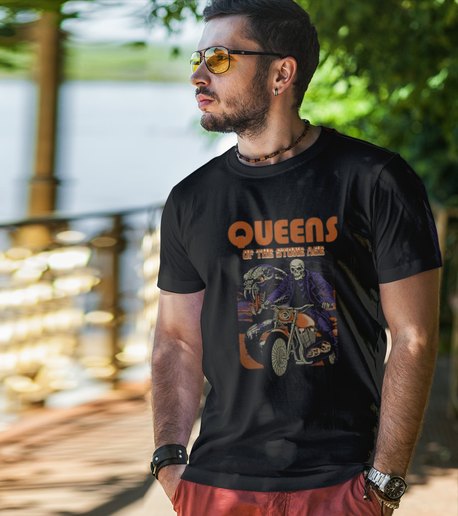 Queens Of The Stone Age Skeleton Biker With Snake Background T-Shirt