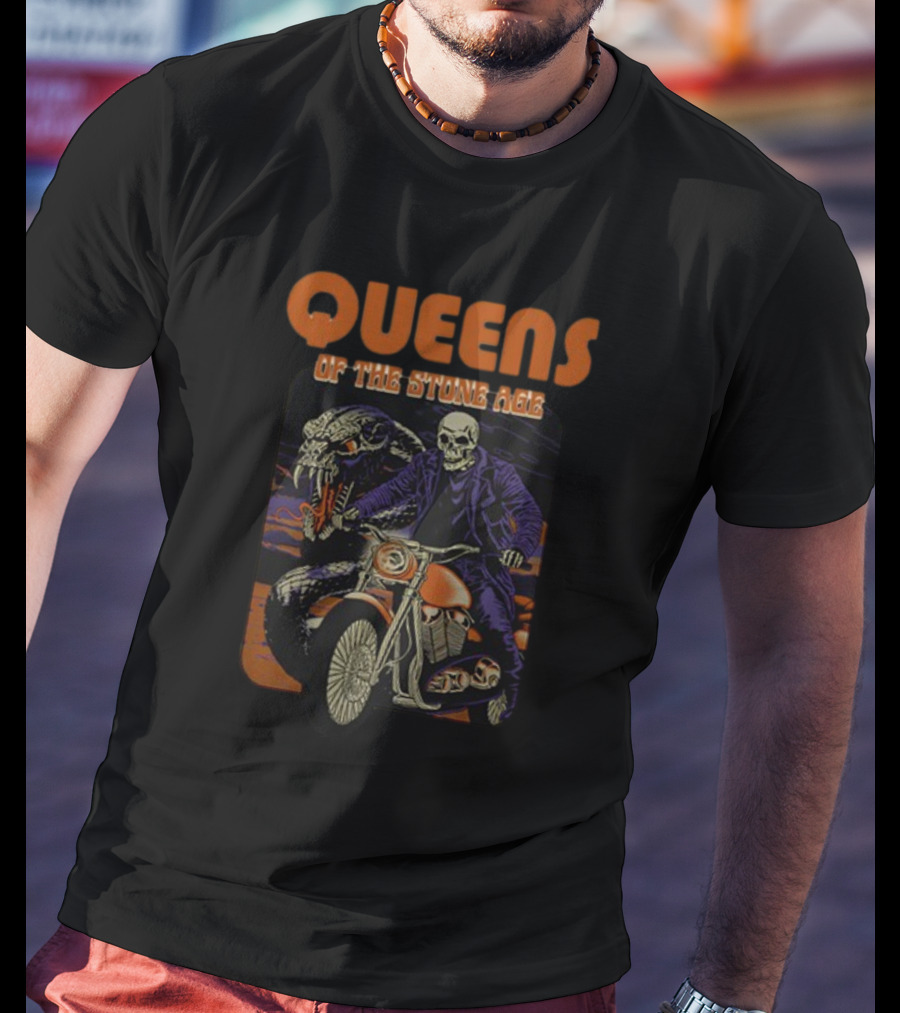 Queens Of The Stone Age Skeleton Biker With Snake Background T-Shirt