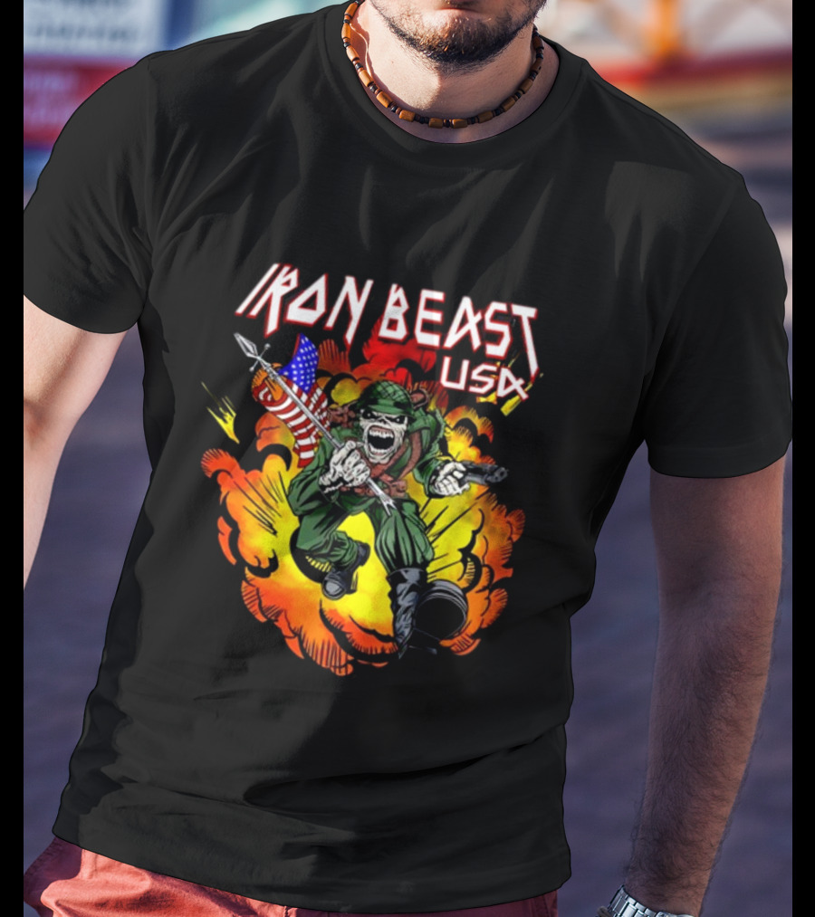 Iron Beast USA Explosive Soldier With American Flag T-Shirt