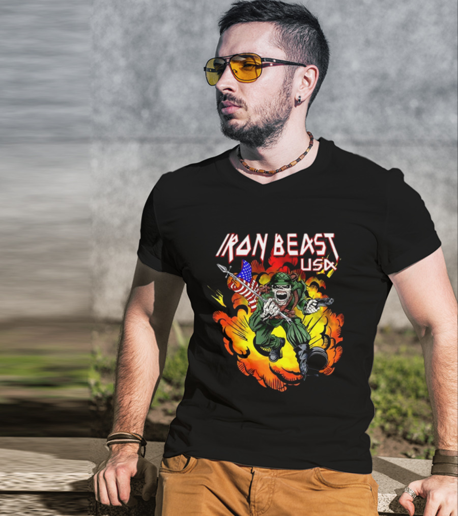 Iron Beast USA Explosive Soldier With American Flag T-Shirt