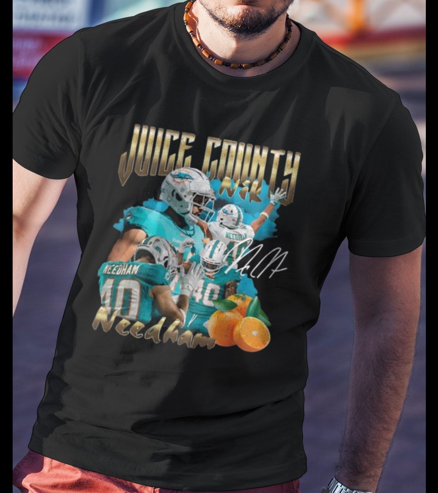 Clincboyzclothing Juice County Nik Needham Dolphins Football Player Signature Oranges T-Shirt