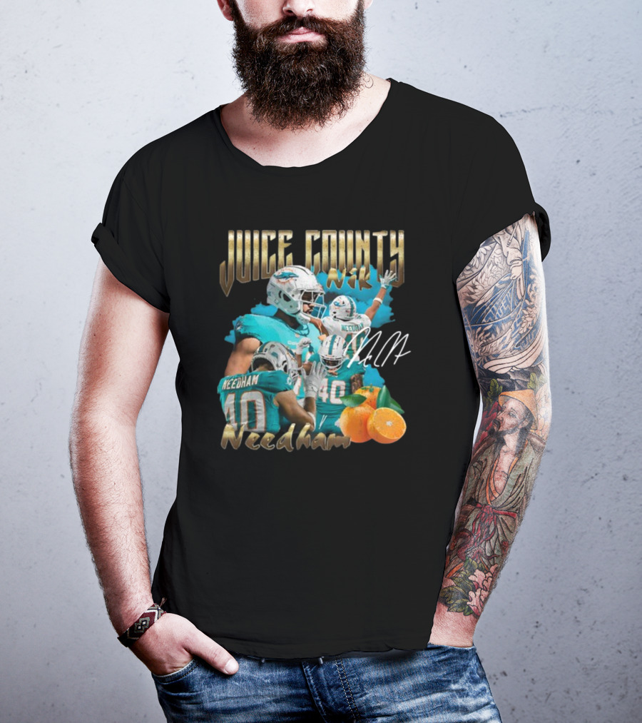 Clincboyzclothing Juice County Nik Needham Dolphins Football Player Signature Oranges T-Shirt