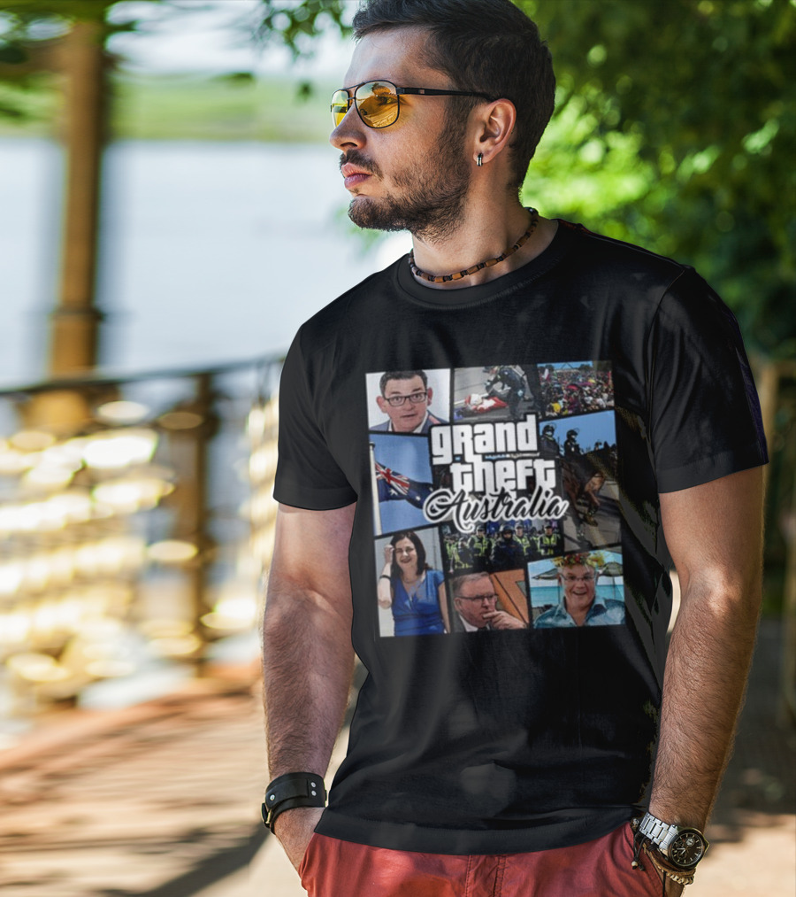 Grand Theft Australia Aussiebotstudio Political And Cultural Satire Collage T-Shirt