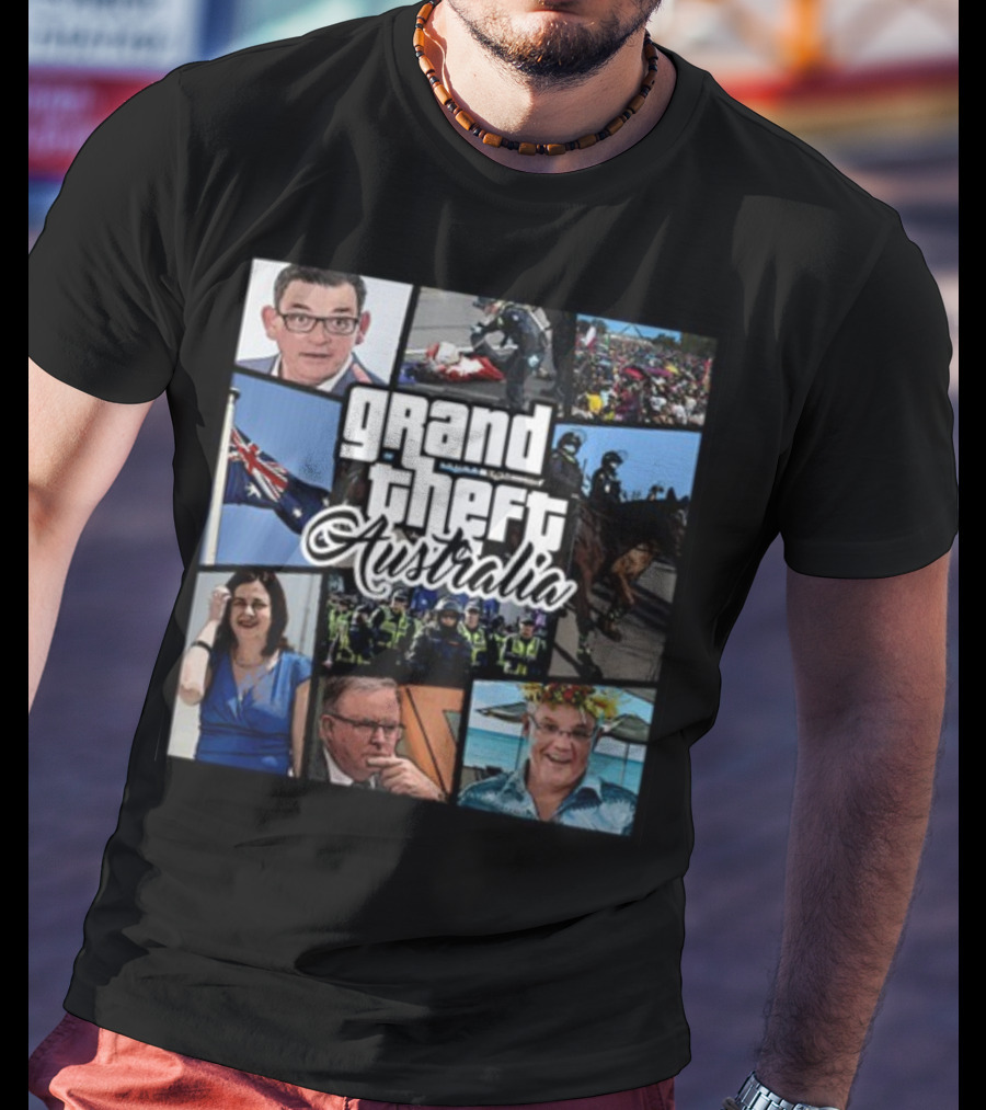Grand Theft Australia Aussiebotstudio Political And Cultural Satire Collage T-Shirt