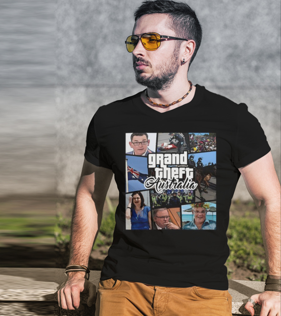 Grand Theft Australia Aussiebotstudio Political And Cultural Satire Collage T-Shirt