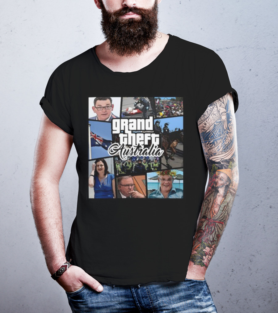 Grand Theft Australia Aussiebotstudio Political And Cultural Satire Collage T-Shirt