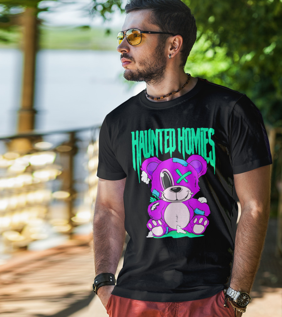 HAUNTED HOMIES Purple Teddy Bear Crossed Eye Patchwork T-Shirt