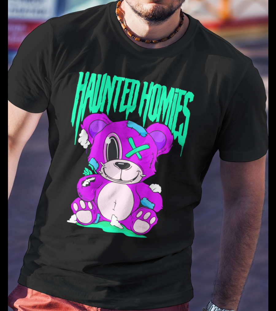HAUNTED HOMIES Purple Teddy Bear Crossed Eye Patchwork T-Shirt