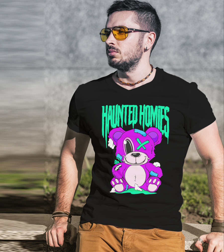 HAUNTED HOMIES Purple Teddy Bear Crossed Eye Patchwork T-Shirt