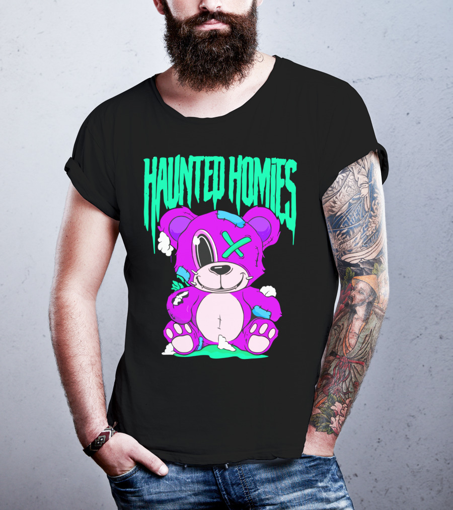 HAUNTED HOMIES Purple Teddy Bear Crossed Eye Patchwork T-Shirt