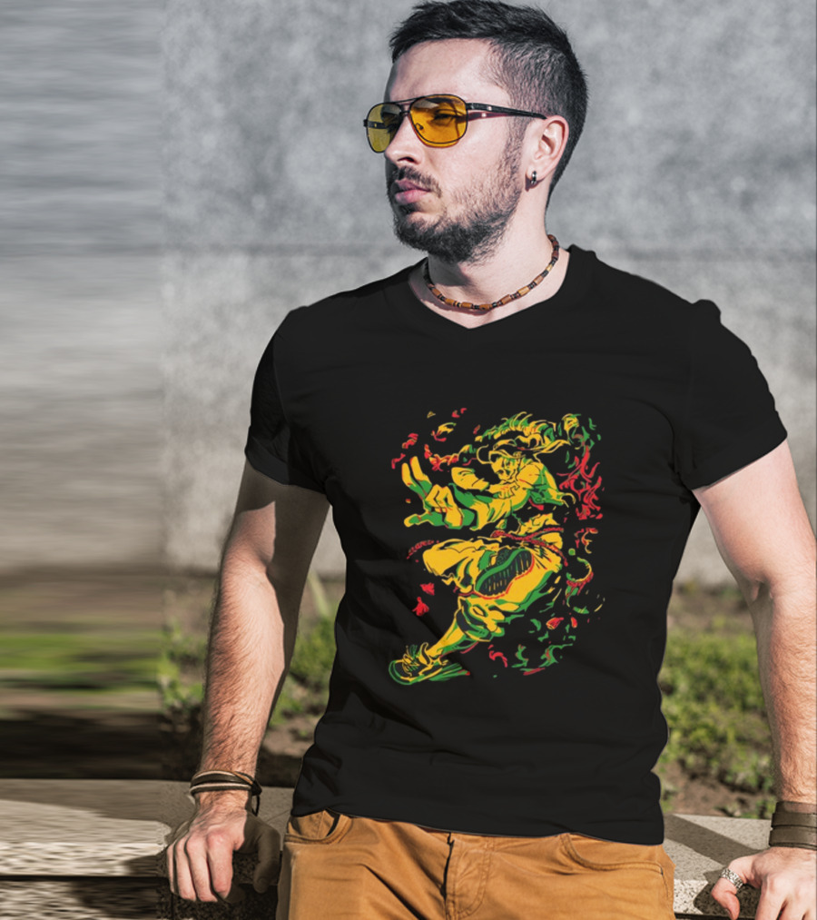 Theyetee Jamie Street Fighter Character Dynamic Pose With Colorful Energy Explosion T-Shirt