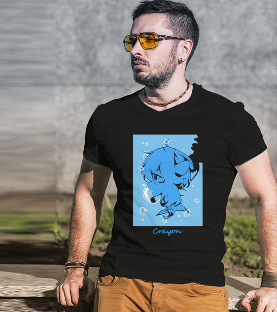 Crayon Submerged Blue Anime Head With Bubbles T-Shirt