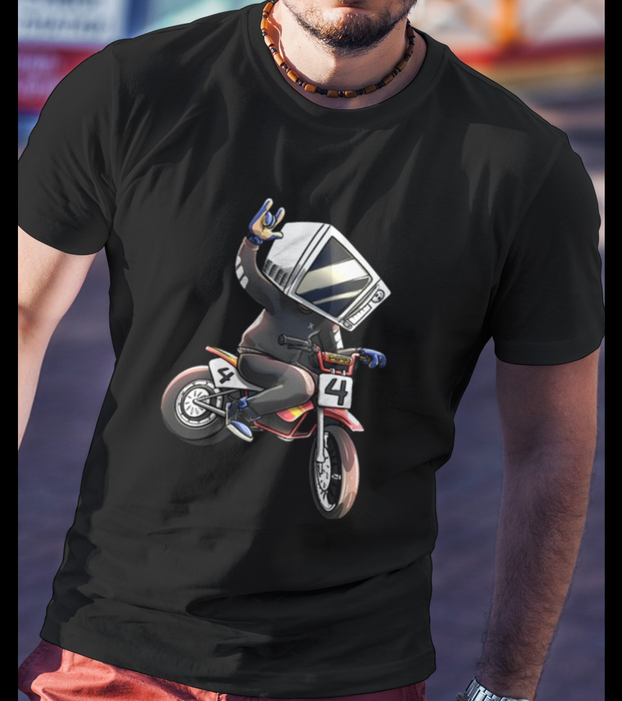 Makethehoodsmile Microwave Man Riding Number 4 Motorcycle T-Shirt
